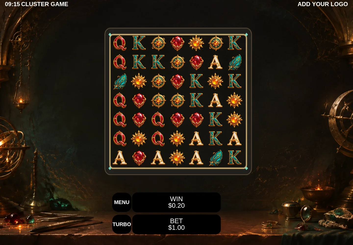Actual Engine Cluster example replay with generated Ember artwork on a seven-by-seven board; the final display shows a simulated $1 bet and $0.20 win.
