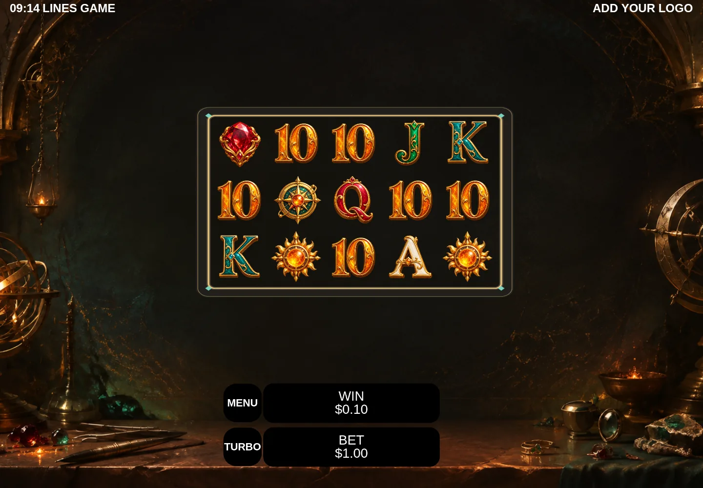 Actual Engine Lines example replay with generated Ember gems, gold symbols and an atelier background; the final display shows a simulated $1 bet and $0.10 win.